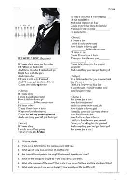 Second Conditional, If I Ruled The World, If I Were A Boy, Beyonce Songs, Beyonce Fans, Listening Comprehension, Esl Worksheets, Distance Learning, A Boy