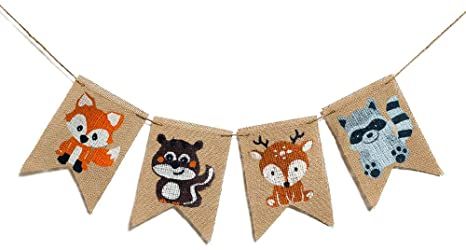 Flag Birthday Party, Welcome Home Banners, Woodland Baby Shower Decorations, Forest Party, Kids Birthday Party Decoration, Fox Squirrel, Animals Birthday, Burlap Banner, Banners Buntings