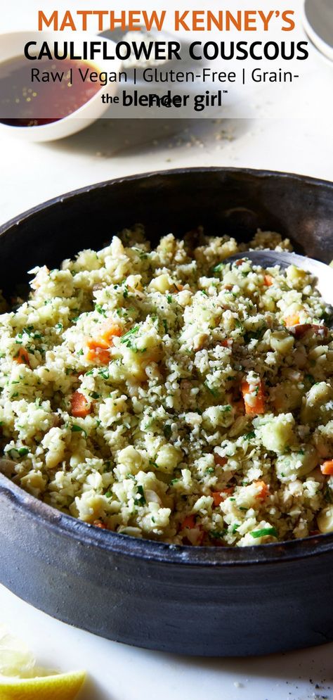 Raw Vegetable Cauliflower Couscous - The Blender Girl Cauliflower Raw, Vegan Couscous Recipes, Vegan Couscous, Cauliflower Couscous, Couscous Recipe, Raw Cauliflower, Vegetable Medley, Couscous Recipes, Raw Desserts