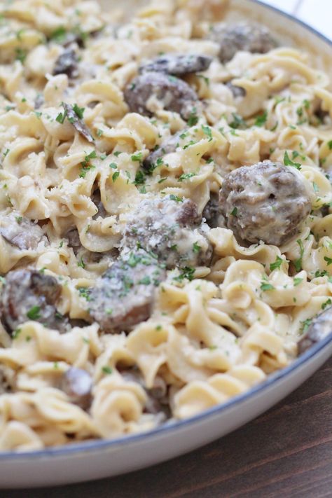 One Pot Swedish Meatball Pasta | Chef Elizabeth Reese Swedish Meatball Pasta Recipe, Recipes For Grill, Swedish Meatball Pasta, Meatball Pasta Recipes, Main Dish Meat, Garlic Meatballs, Stuffed Meatballs, Crockpot Pasta, Meatloaf Meatballs