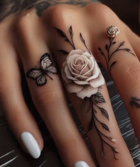 Cute Aesthetic Tattoos For Women, Full Color Sleeve Tattoos Women, Rose Finger Tattoo For Women, Womens Hand Tattoos Ideas, Feet Tattoos For Women Beautiful, White Floral Tattoo, Boujee Tattoos For Women, Ladies Tattoos, Women's Tattoos