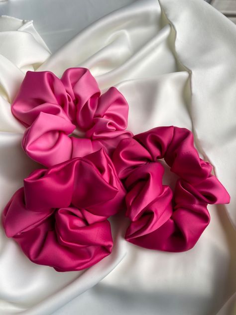 Two Dark pink and one light pink satin scrunchie on a white background. Pink Satin Headband, Pink Hair Accessories With Satin Bow For Summer, Satin Scrunchies Aesthetic, Pink Hair Scrunchie, Pink Satin Scrunchie, Satin Scrunchies, Light And Dark, Pink Satin, Ontario Canada