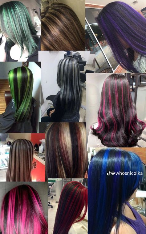 Hair Dye Ideas Color, Brunette With Colored Highlights, Monster High Hair Inspiration, Monster High Hair Dye, Grunge Highlights, Monster High Hairstyles, Grunge Hair Long, Zoe Kravitz Hair, Cool Colored Hair