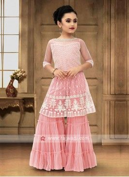 Light Pink Color Girls Palazzo Suit Sarara Dress For Kids, Sharara Models, Sharara For Kids, Yellow Kurta Men, Anarkali Suit Design, Small Girls Dress, Sarara Dress, Simple Dress For Girl, Sharara Dress