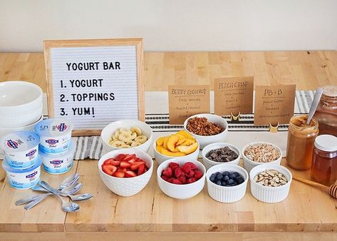 Breakfast Yogurt Bar Ideas, Breakfast Yogurt Bar, Brunch Yogurt Bar, Bachelorette Breakfast Bar, Yogurt Buffet Bar Ideas, Yoga Brunch Party, Yogurt Bar Ideas Brunch Party, Parfait Bar Brunch Party, Yogurt Breakfast Bar