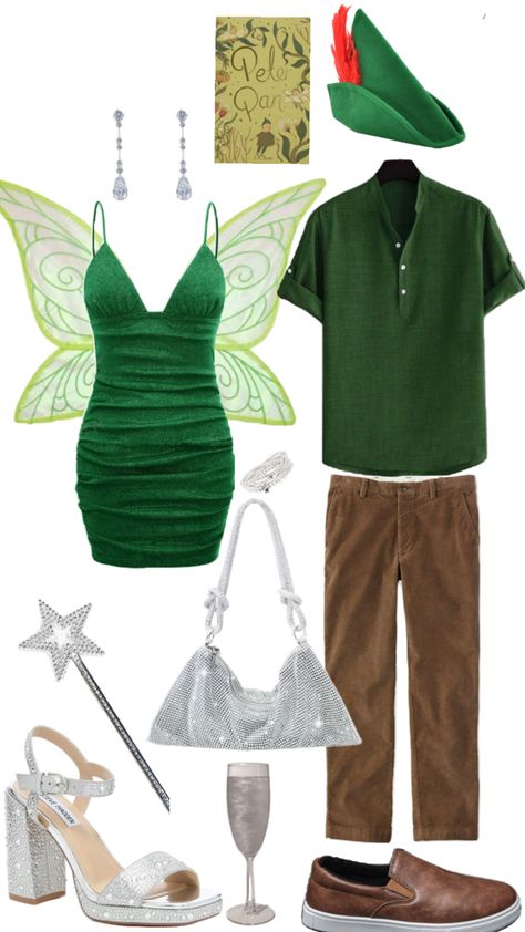 EASY 2024 COUPLES COSTUME DIY OOTD INSPO HALLOWEEN LAST MINUTE PETER PAN TINKERBELL glittery sparkle costume outfit sexy womens costumes Peter Pan Couple Costume, Diy Tinkerbell Costume, Diy Peter Pan Costume, Peter Pan Halloween Costumes, Halloween Last Minute, Peter Pan Outfit, Easy Halloween Outfit, Peter Pan Tinkerbell, Easy Couple Halloween Costumes