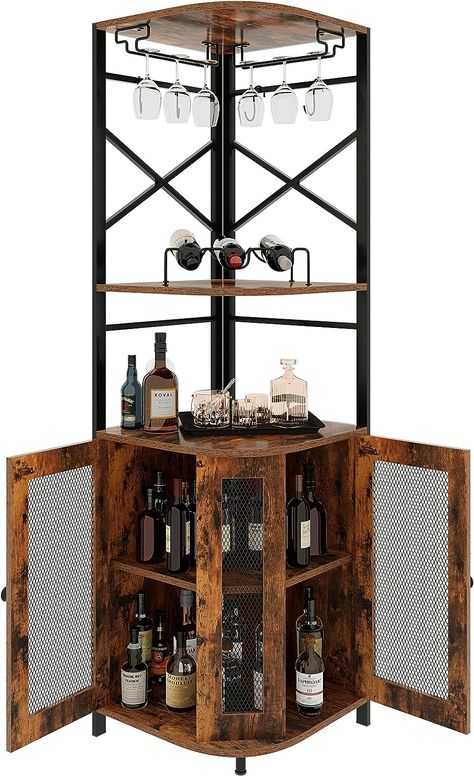 Corner Bar Ideas For Home, Corner Bar Ideas, Corner Wine Bar, Corner Wine Cabinet, Alcohol Cabinet, Liquor Cabinet Bar, Tall Bar Cabinet, Home Wine Bar, Corner Bar Cabinet