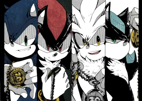 Sonic, Shadow, Silver, and Mephiles (did I spell that right?!? XP) Sonic And Friends, Sonic Shadow, Shadow Sonic, Shadow And Amy, Silver The Hedgehog, Sonic And Amy, Sonic 3, Sonic Franchise, Hedgehog Art