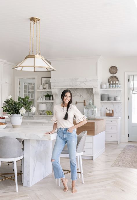 Custom Butcher Block, Calcutta Gold Marble, Dove Wing, Alice Lane Home, Alice Lane, Wings Wallpaper, Wing Wall, Natural Wood Flooring, Rachel Parcell