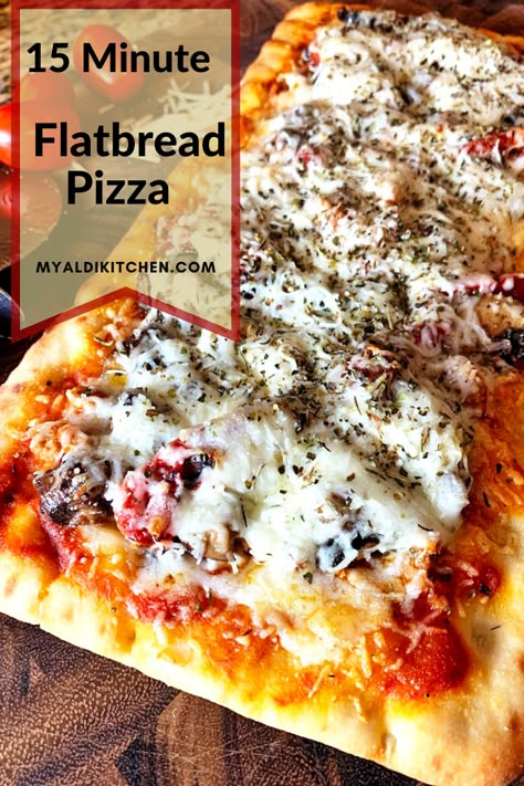 Make an easy flatbread pizza using Aldi flatbread in just 15 minutes. We show you how to make several homemade flatbread pizzas including a kid's pizza that the whole family can have fun making. Use your choice of toppings from veggies, to pepperoni, to pesto, the sky is the limit! #myaldikitchen #flatbreadpizza #easy #recipe #veggie #pepperoni #homemade #pesto Flatbread Pepperoni Pizza, Recipes Using Flatbread, Flat Bread Pizza Recipe Easy, Healthy Naan, Pepperoni Flatbread, Italian Fest, Easy Flatbread Pizza Recipes, Pizza Accessories, Hawaii Pizza