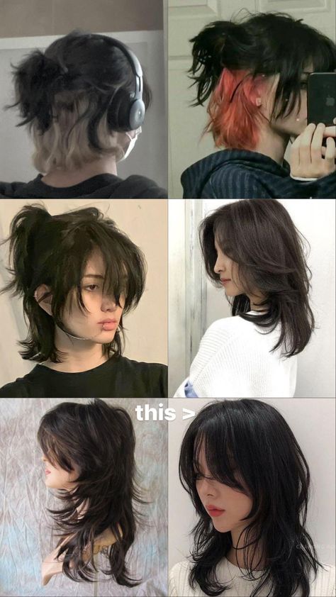 Wolfcut Layers Short, Jelly Fish Haircut Medium, Wolf Cut Hair Color, Haircuts Tomboy, Wolf Cut Back View, Masc Hairstyles For Long Hair, Japanese Mullet, Wolf Tail Haircut, Wolfcut Short Hair