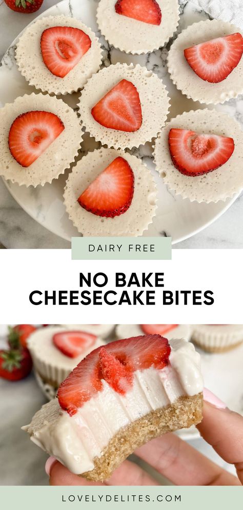 No bake cheesecake bites are a delicious dairy free dessert to make this summer. This easy mini cheesecake recipe is made with simple and wholesome ingredients and is sure to be loved by the entire family. Dairy Free Mini Cheesecake, Dairy Free No Bake Cheesecake, No Bake Cheesecake Bites, Easy Mini Cheesecake Recipe, Mini Cheesecakes Easy, Dairy Free Cheesecake, Mini Cheesecake Recipes, Strawberry Kitchen, Almond Breeze