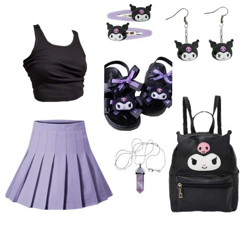 Y2k Kuromi Outfits, Sanrio Outfits Kuromi, Kuromi Core Outfit, My Melody And Kuromi Outfit, Kuromi Outfit Inspired, Kuromi Fit, Kuromi Outfit Ideas, Kuromi Outfit Aesthetic, Kuromi Aesthetic Outfit