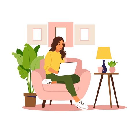 Work From Home Wallpaper, Laptop Concept, Happy At Work, Concept Illustration, Woman Sitting, Airport Style, Girly Art, Flat Design, Premium Vector