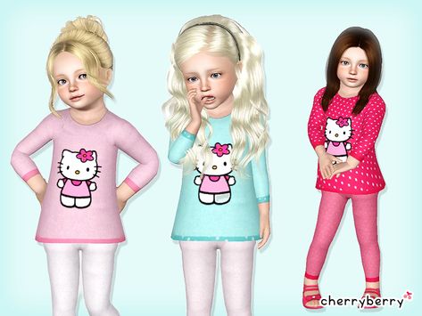 A sweet tunic with simple trousers/leggings for toddler girls. The top has a Hello Kitty print.  Found in TSR Category 'Sims 3 Female Clothing' Sims Hello Kitty Cc, Hello Kitty Cc Sims 4, Sims 4 Hello Kitty Cc, Sims 4 Toddler Clothes, Hello Kitty Print, Sims 3 Mods, Sims Clothes, Hello Kitty Baby, Hello Kitty Bow