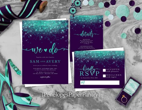 Elegant Purple and Teal Fall Wedding - Etsy Teal And Purple Wedding Invitations, Aqua Blue Wedding Theme, Navy And Silver Wedding Invitations, Teal Fall Wedding, Purple Teal Wedding, Teal And Purple Wedding, Purple And Teal Wedding, Purple Turquoise Wedding, Mermaid Beach Wedding