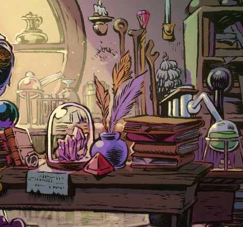 Witch Room Illustration, Alchemist Illustration, Character Development Illustration, Magic Office, Aesthetic Oc, Drawing Style, Magic Shop, Hippie Art, Environment Concept Art