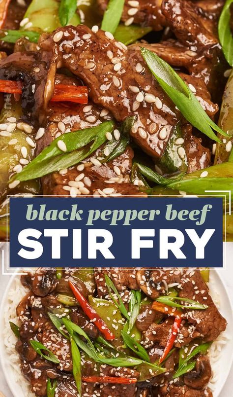 This black pepper beef stir fry is made with tender pieces of steak that are tossed in a deliciously sticky, savory, and slightly sweet sauce that perfectly coats the beef and veggies! Made in one skillet, and ready in about 30-40 minutes, it’s the ultimate weeknight dinner idea. Skip the takeout and make your own! Black Pepper Chicken Stir Fry, Black Pepper Beef Stir Fry, Pepper Beef Stir Fry, Pepper Chicken Stir Fry, Recipes Grill, Black Pepper Beef, Pepper Beef, Steak Stir Fry, Black Pepper Chicken