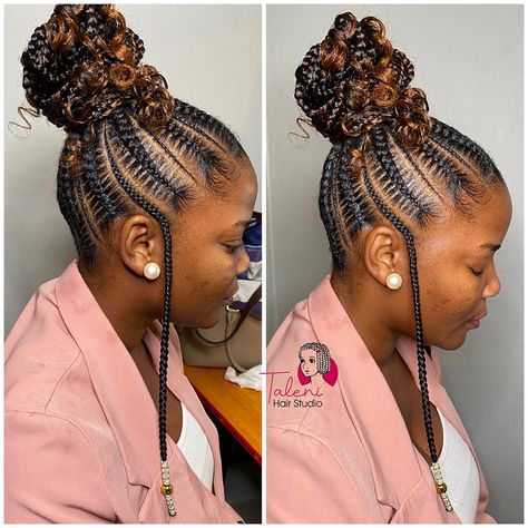 Feed In Space Buns, Feed In With Curly Hair, Cornrows With Buns, 6 Stitch Braids Into Bun, Cornrows Into Ponytail, Braided Into A Bun, Cornrow Pony, Feed In Braids Into Low Bun, Updo Cornrows