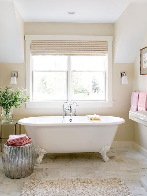 . Calming Bathroom Colors, Neutral Bathrooms Designs, Beige Bathrooms, Best Bathroom Colors, Bath Trends, Refinish Bathtub, Cheap Flooring, White Bathroom Designs, White Tub