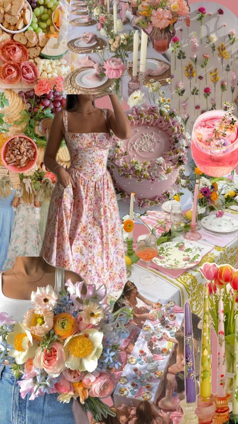 Garden party, summer picnic, girls day, flower crowns, pastels, garden dinner Garden Party Summer, Tea Party Attire, Spring Birthday Party, 18th Birthday Party Themes, Garden Dinner, Wedding Collage, Birthday Dinner Party, Party Photoshoot, Prom Theme