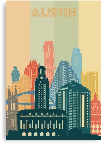 Austin City Limits Poster, Skyline Mural, Austin Skyline, Austin Art, Dallas Skyline, Colorful Pop Art, Skyline Painting, Austin City Limits, Digital Imaging