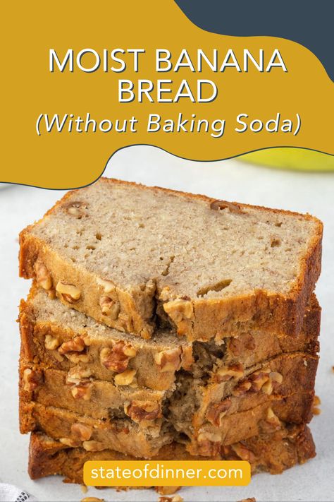 This moist and delicious banana bread recipe, made without baking soda, is packed with bananas and has a tasty buttery flavor! It is perfect for when you have a banana bread craving but are out of baking soda. Easy Banana Bread Recipe Without Baking Soda, Easy Banana Bread No Baking Soda, No Baking Soda Banana Bread, Banana Bread Recipe Baking Powder, Banana Bread No Baking Soda, Baking Soda Bread Recipe, Banana Bread Baking Powder, Banana Bread Recipe No Baking Soda, 4 Banana Bread Recipe