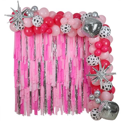 PRICES MAY VARY. Western Cowgirl Birthday Party Decorations -- You would get 2pcs 22" disco ball balloons, 2pcs 22" silver star foil balloons, 6pcs crepe paper streamers, 1pcs 1x2m silver curtain, 60pcs 10" latex balloons, 10pcs 12" cow print latex balloons, 30pcs 5" latex balloons, 1 roll 16ft balloon arch strip, 1 roll glue. Make Your Own Party Backdrop -- We handed the sufficient quantity party decorations for you, no craft experience needed, you can freely to create your own disco cowgirl pa Disco Cowgirl Party Decor Ideas, Rhinestone Cowgirl Birthday, Cowgirl Balloon Arch, Space Cowgirl Bachelorette Party, Cowgirl Crafts, Disco Cowgirl Birthday Party, Cowgirl Birthday Party Decorations, Disco Rodeo, Bachelorette Cowgirl