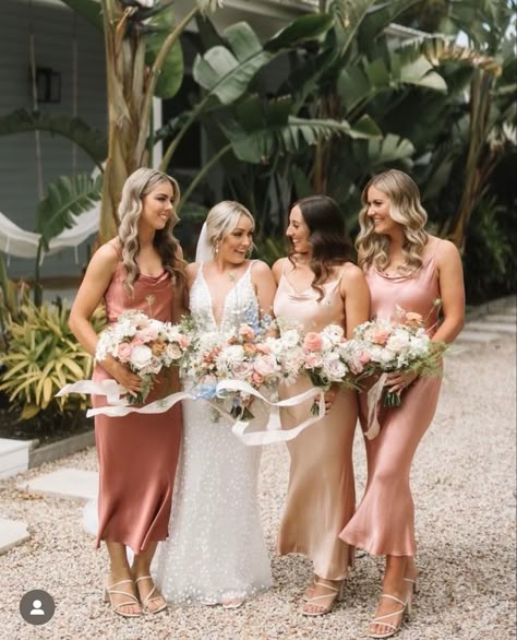 Rose Bridal Party, 3 Bridesmaids And Bride, Three Bridesmaids, Champagne Bridesmaid Dresses With Pink Flowers, Mismatched Bridesmaid Dresses Pink Blushes, Neutral Bridesmaid Dresses Colorful Flowers, English Rose And Neutral Blush Bridesmaids, Champagne Bridesmaid Dresses Bright Flowers, Fall Bridesmaids