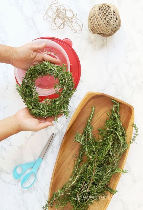 5 Minute DIY wreath making hack using a $1 food container to make rosemary, lavender, or Christmas wreaths! Easy nature crafts, farmhouse home decor & handmade gifts! - A Piece of Rainbow #diy #wreath #hacks #garden #flowers #herbs #homedecor #homedecorideas #diyhomedecor #crafts #boho #bohostyle #farmhouse #farmhousestyle #farmhousedecor crafts, boho living, decorations, harvest wreath, spring, summer, fall, Christmas ideas Rosemary Wreath Diy, Easy Nature Crafts, Mini Wreath Diy, Christmas Decir, Rosemary Wreath, Diy Wreath Making, Smell Gift, Herb Wreath, Decorating Crafts