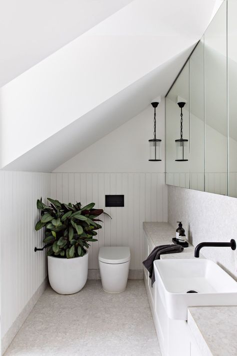 White Bathroom With Black Fixtures, Bathroom With Black Fixtures, Bathroom Terrazzo, Colourful Bathroom, Contemporary Powder Room, Black Fixtures, Timber Walls, Attic Bathroom, Powder Room Design