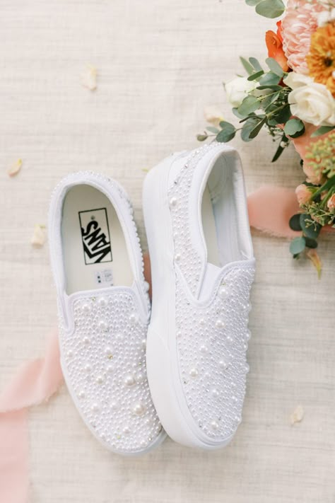 @staciesmithphotography White Bridal Sneakers, Wedding Shoes Bride Comfortable Sneakers, Wedding Shoes Bride Sneakers, Vans Wedding Shoes The Bride Simple, Vans Wedding Shoes The Bride Comfortable, Bridal Vans Sneakers Diy, Bridal Tennis Shoes, Custom Wedding Vans Brides, Custom White Wedding Vans