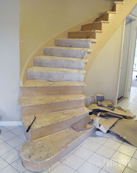 Curved Staircase Remodel: Before & After | Pink Little Notebook                                                                                                                                                                                 More Updating Curved Staircase Railing, Stairs Before After, Curved Staircase Remodel, Curved Staircase Makeover, Curved Staircase Carpet, Curve Stairs Design, Curved Staircase Railing, Curved Staircase Ideas, Modern Curved Staircase