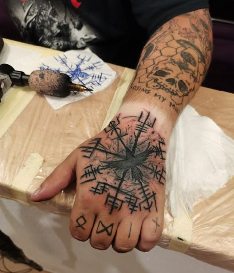 Rune Hand Tattoo For Men, Viking Compass Hand Tattoo, Mens Chest Shoulder Tattoo, Viking Hand Tattoo Ideas, Vegvisir Hand Tattoo, Viking Hand Tattoos For Guys, Nordic Hand Tattoo, Norse Hand Tattoo, Viking Hand Tattoo