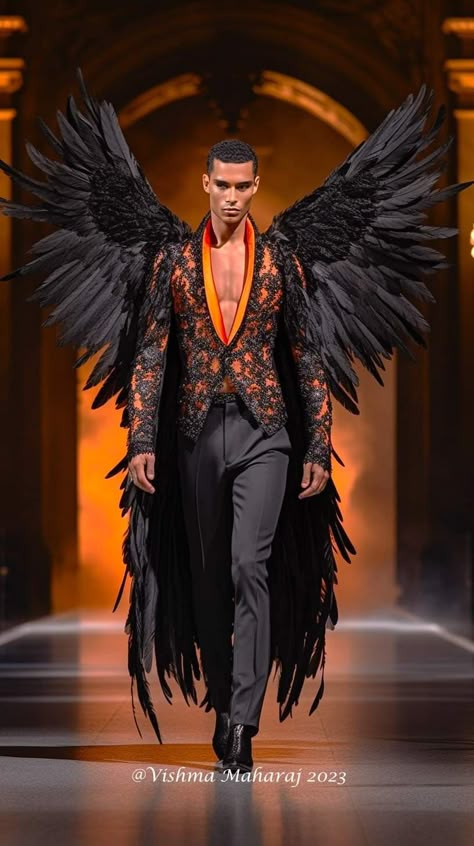 Fire Inspired Outfits Men, Fire Fantasy Outfit Male, Phoenix Inspired Gown, Fire Runway Fashion, Masquerade Outfit Ideas, Wings Fashion Haute Couture, Fashion Sketches Men, Male Angels, Masquerade Outfit