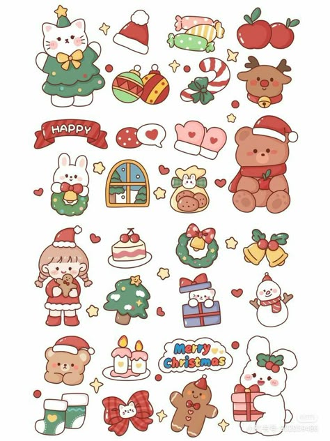 Christmas Aesthetic Stickers Printable, Christmas Doodles Cute, Christmas Aesthetic Stickers, Christmas Stickers Aesthetic, Cute Christmas Art, Christmas Chibi, Christmas Stickers Printable, Xmas Drawing, Xmas Sticker