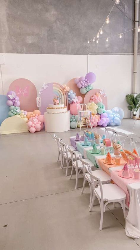 Rainbow Butterfly Themed Birthday Party, Butterfly And Unicorn Birthday Party, Rainbows And Butterflies Party, Butterfly Rainbow Party, Pastel Butterfly Birthday Party, Pastel Decorations Party, Pastel Rainbow Birthday Party Decorations, Pastel First Birthday Party, Butterfly 1st Birthday Party