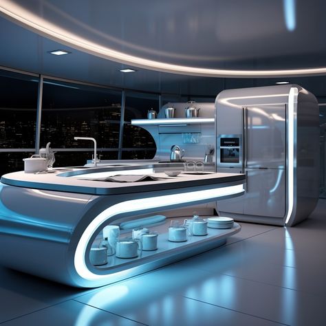 Futuristic Room Ideas, Futuristic House Interior, Futuristic Kitchen Design, Futuristic Home Interior, Cyberpunk House, Futuristic Kitchen, Space Station Interior, Cyberpunk Interior, Futuristic Room