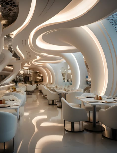 Futuristic Cafe Interior Design, Futuristic Cafe Design, Futuristic Restaurant Design, Futuristic Cafe, Natural Light Design, Futuristic Restaurant, Futuristic Bar, La Mecca, Cafeteria Design