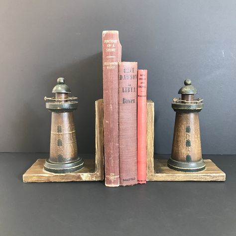 Antique Book Ends Vintage, Nautical Bookends, Clay Book, Wood Lighthouse, Vintage Interior Decor, Nice Bedroom, Wooden Bookends, Wooden Home Decor, Windmill Design