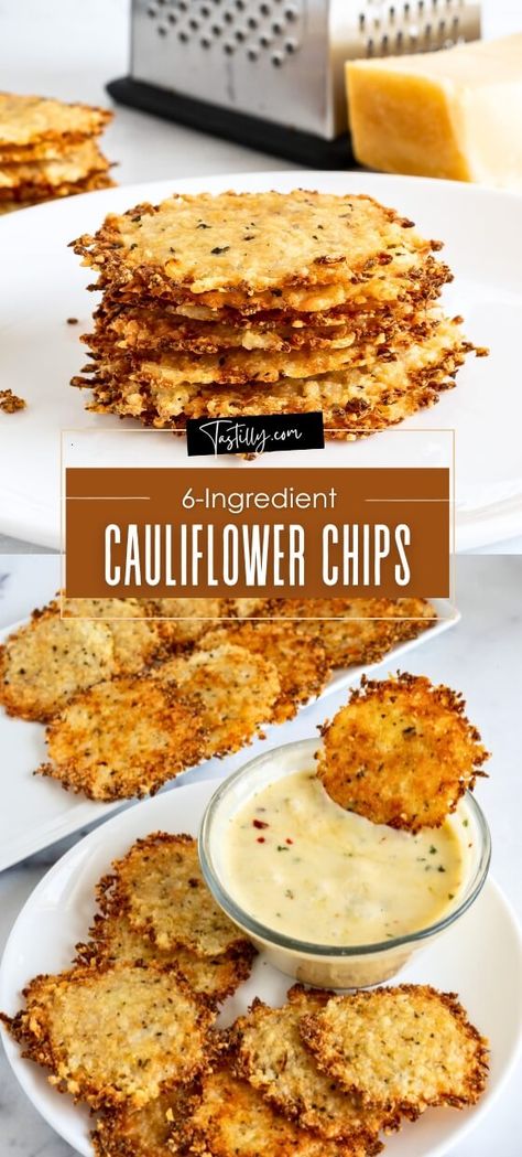 Quick 6-Ingredient Cauliflower Chips - Tastilly Cauliflower Crisps, Cheesy Cauliflower Chips, Cauliflower Chips Keto, Cauliflower Crackers Recipe, Healthier Chip Options, Cauliflower Crackers, Cauliflower Chips Recipes, Low Calorie Chips, Cauliflower Chips