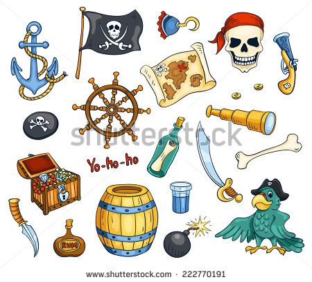 Pirate cartoon vector set. Isolated on white. - stock vector Cartoon Pirate Ship, Pirate Clip Art, Pirate Illustration, Pirates Illustration, Pirate Cartoon, Pirate Theme Party, Pirate Birthday, Pirate Theme, Kawaii Stickers