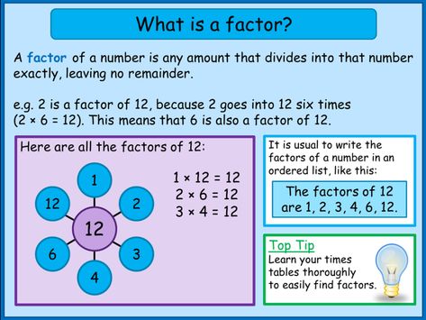 Factor Pairs, Finding Factors, Math Examples, Envision Math, Mathematics Activities, Factors And Multiples, Math Made Easy, Grade 6 Math, Math Charts