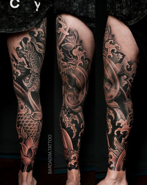 BARDADIM TATTOO PORTFOLIO - JAPANESE TATTOOS Koi Leg Sleeve Tattoo, Leg Sleeve Tattoo Men Full Japanese, Japanese Tattoo Art Leg Sleeve, Thigh Sleeve Men, Japanese Leg Tattoo Sleeve, Japan Tattoo Leg, Japanese Leg Tattoo Men, Full Leg Tattoo Men Japanese, Full Leg Japanese Tattoo