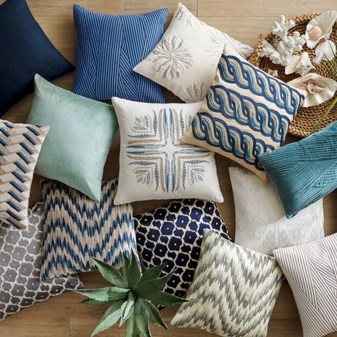 All Pillows | Williams Sonoma Throw Pillow Inspiration, Hide Pillows, Elegant Throw Pillows, Coral Pillows, Pillow Inspiration, Coastal Pillows, Coastal Living Room, Cover Blue, Decorating Style