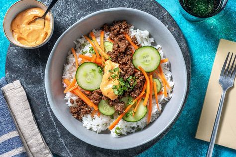 Share me on Pinterest Banh Mi Bowl, Teriyaki Beef, Jasmine Rice Recipes, Mini Cucumbers, Banh Mi Sandwich, Duck Sauce, Spicy Mayo, Pickled Veggies, Carrot Salad