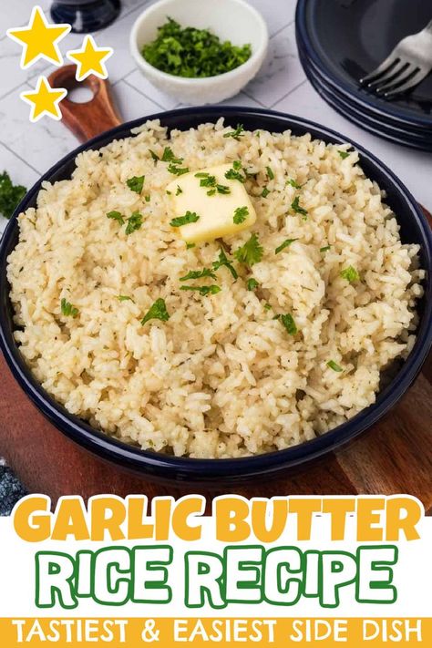 Easy Garlic Butter Rice is the easiest side dish recipe that you can make. Fresh garlic, rich butter and chicken broth gives long grain rice so much flavor. Rice is one of my favorite go-to side dish recipes. It is budget friendly and can be seasoned in so many ways. Serve it with Grilled, Baked or Fried Meats as it completes many meals. #eatingonadime #garlicbutterrice #easyrecipe Mexican Rice Dishes, Buttered Rice Recipe, Flavor Rice, Garlic Rice Recipes, Rice Recipes Side, Garlic Butter Rice, Jasmine Rice Recipes, Rice Side Dish Recipes, Seasoned Rice Recipes