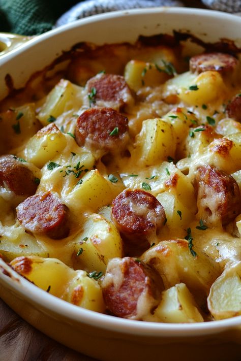 Summer Sausage Casserole, Sausage And Apple Casserole, Potatoes And Polish Sausage, Kielbasa And Mac And Cheese, Smoked Sausage And Cheesy Potatoes, Easy Kielbasa Recipes Skillet Dinners, Cheesy Potatoes And Kielbasa, Potato Sausage Bake, Sheet Pan Potatoes And Sausage