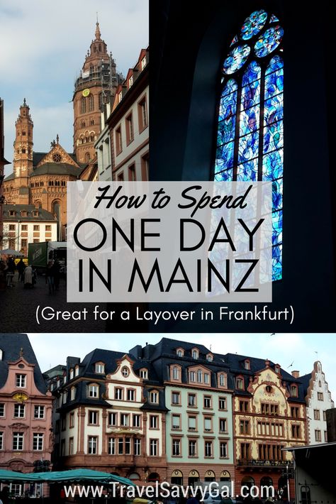 Mainz, Germany is on the Frankfurt metro system, so is a great day trip if you're visiting or even have a layover at this major airport hub.  I spent one day visiting, and tell you what to do and visit in your 24 hours – click to find out all of the once-in-a-lifetime beauty, art, and craftsmanship that will take your breath away! Germany Travel Destinations, Mainz Germany, German Travel, Germany Travel Guide, Rhineland Palatinate, Metro System, Cities In Germany, Visit Germany, Frankfurt Germany