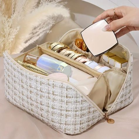 Large Capacity Cosmetic Travel Bag Easy Access Elegant Plaid - Temu Australia Gloss Labial, Small Cosmetic Bags, Makeup Bag Organization, Travel Storage Bag, Pouch Organizer, Travel Toiletries, Toiletry Bag Travel, Travel Cosmetic Bags, Makeup Bags Travel